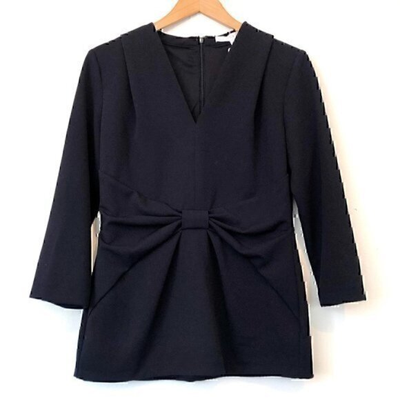NEW NWT PRESTON YORK Solid Navy Blue Bow 3/4 Sleeve Polyester Blouse Top Small - Picture 2 of 9